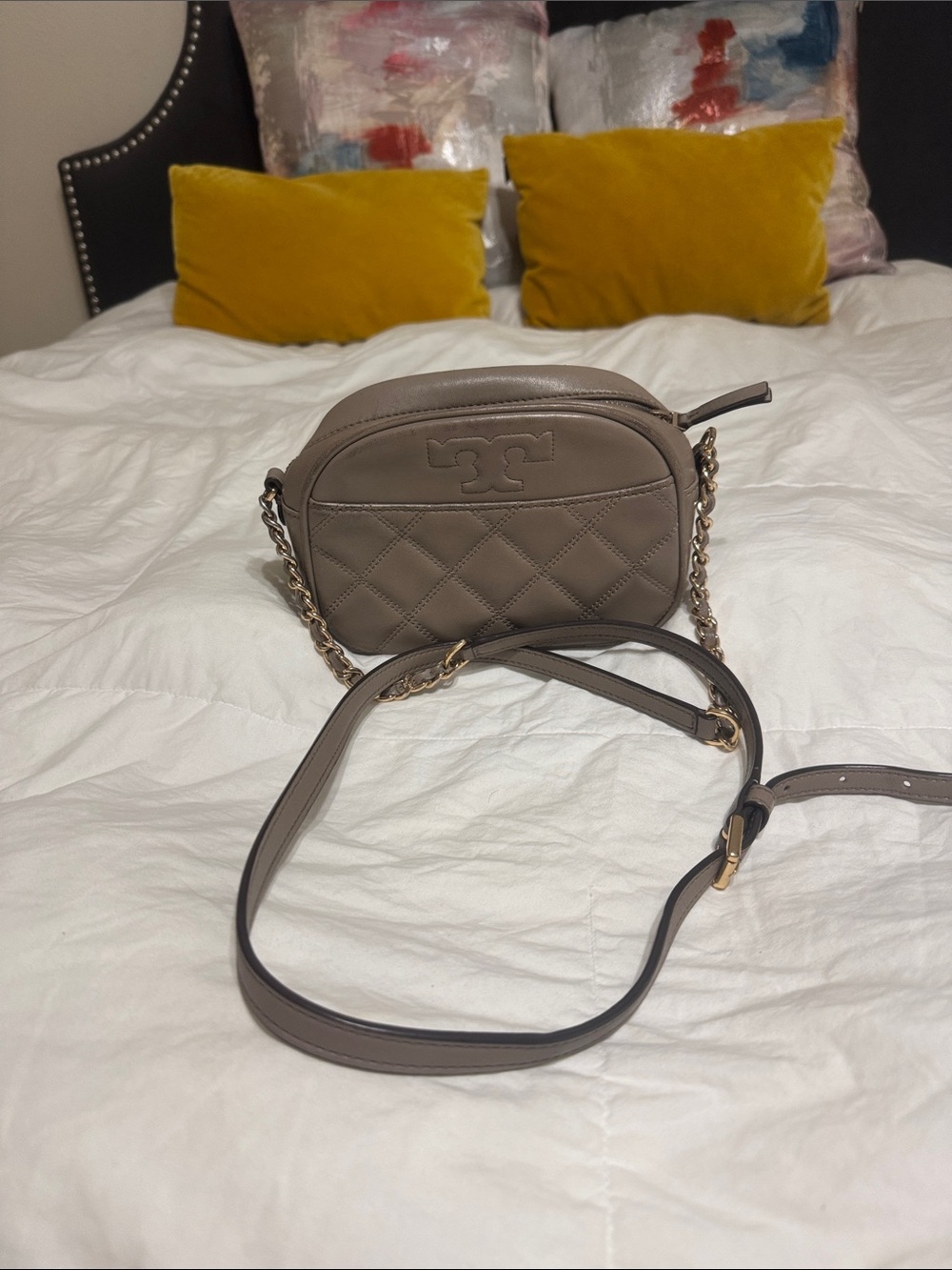 Tory Burch Quilted Taupe Leather Crossbody with Gold Chain